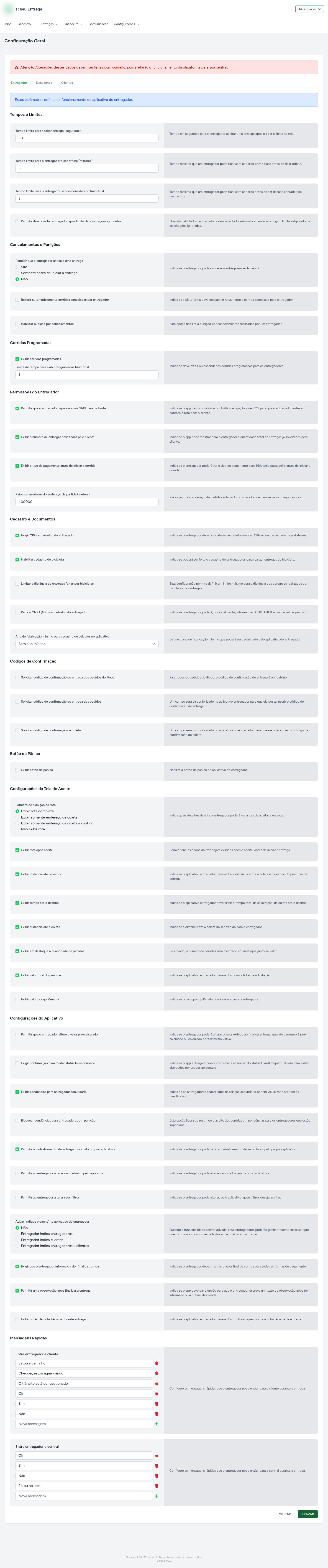 Tela de configuração geral da interface administrativa.