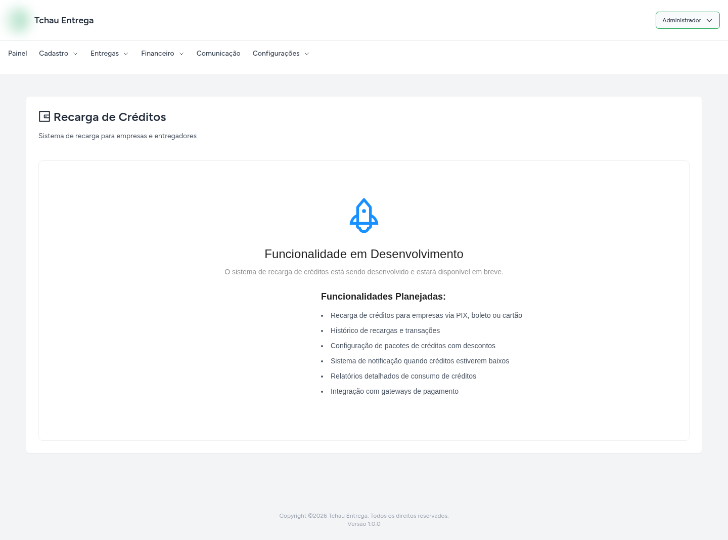 Financeiro de recarga no administrador.