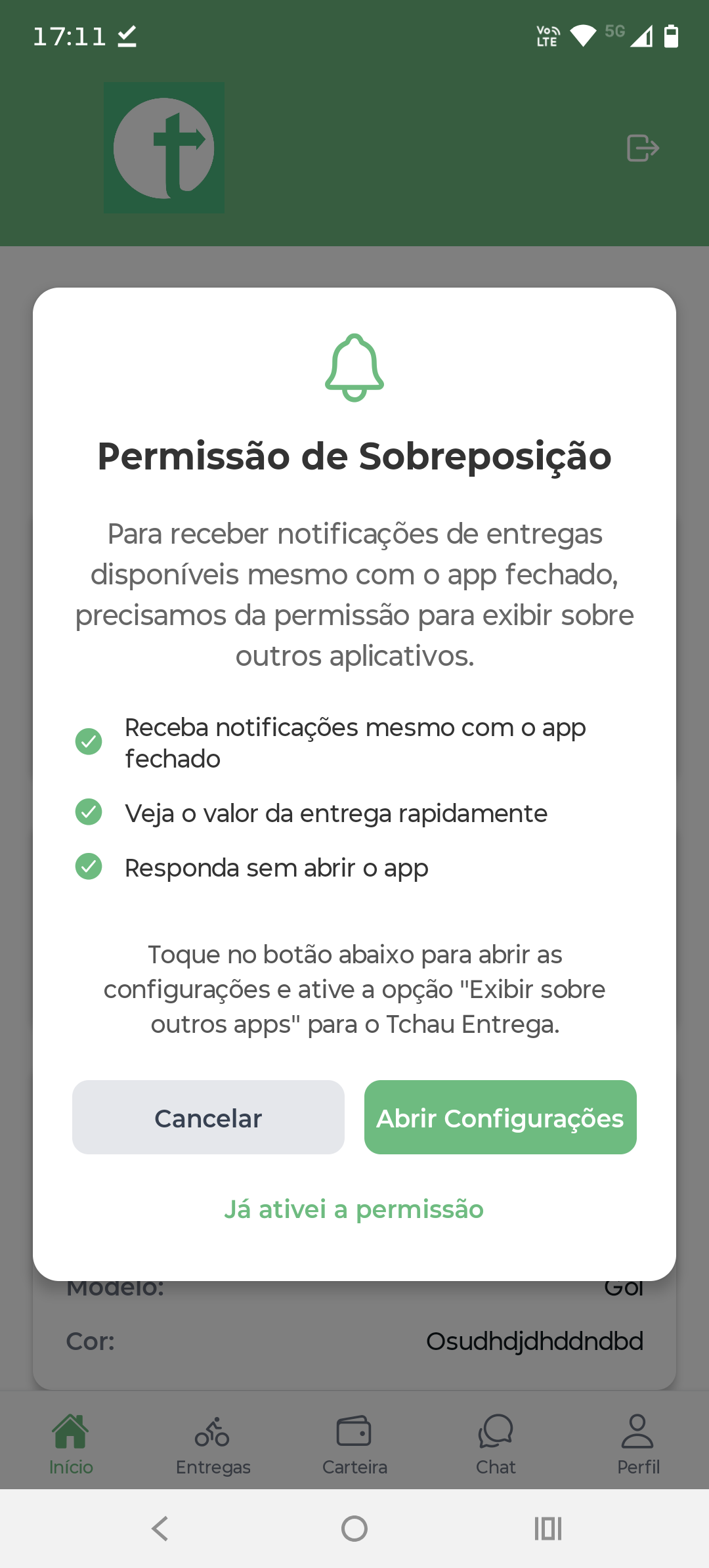 Aviso operacional exibido no aplicativo.