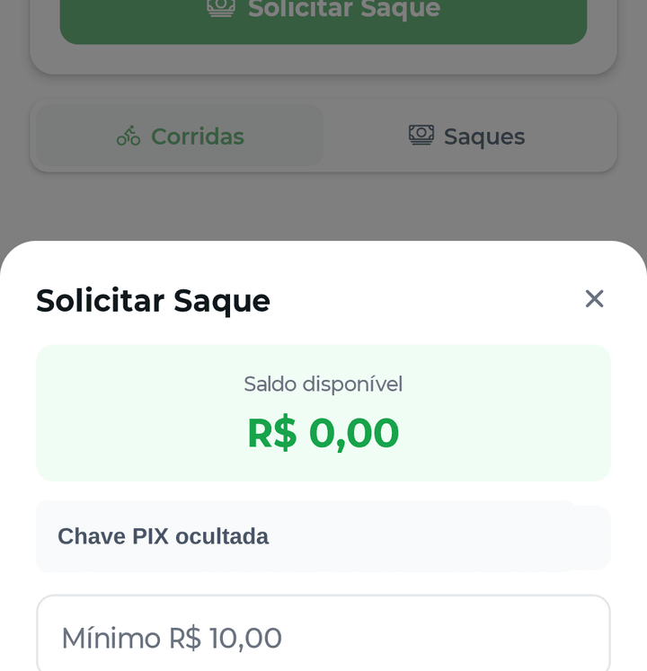 Modal de saque com saldo insuficiente.