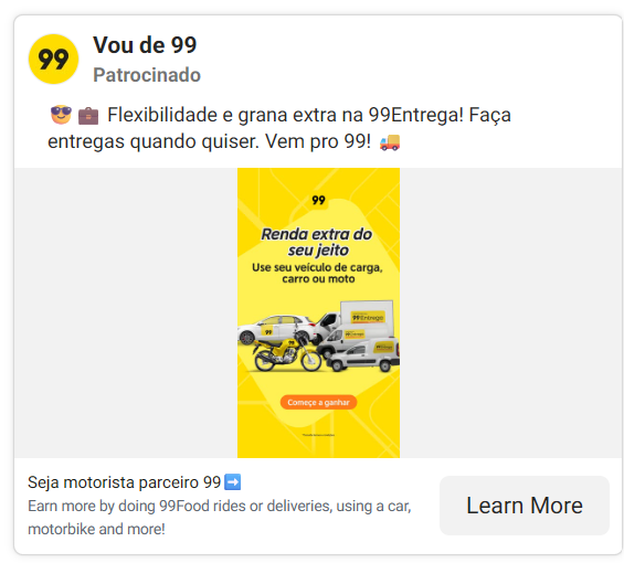 Criativo Meta da 99 Envios.