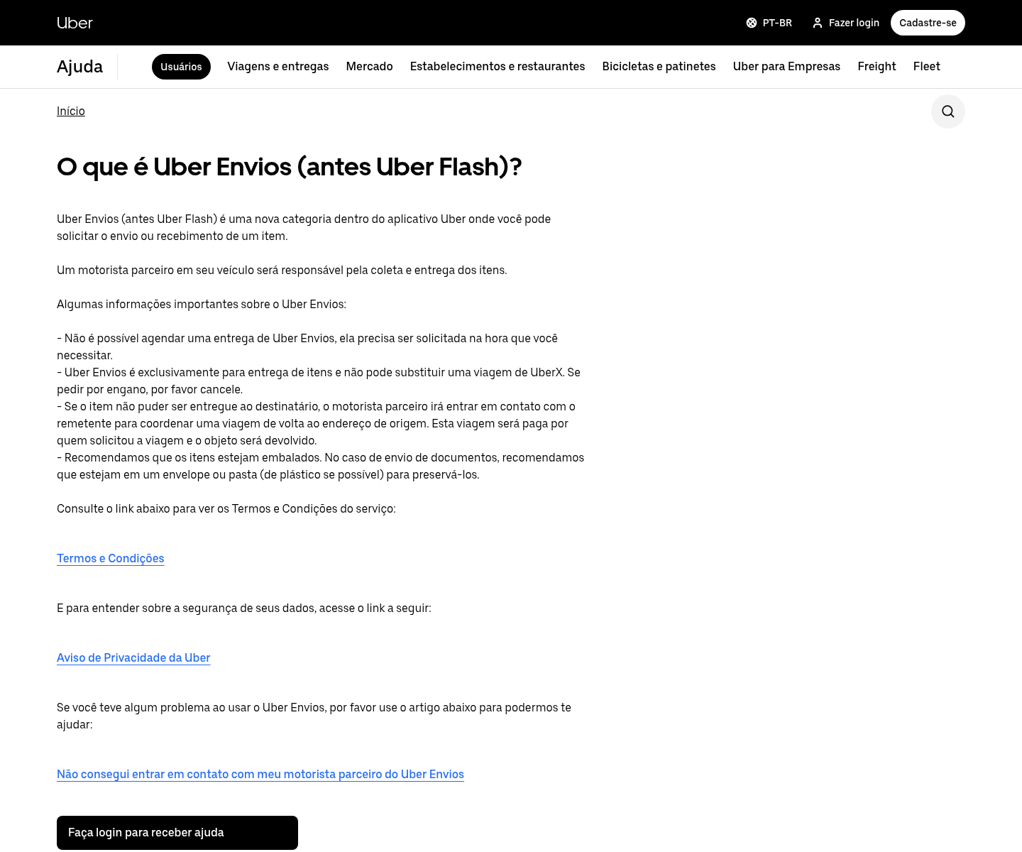 Página de ajuda do Uber Envios.